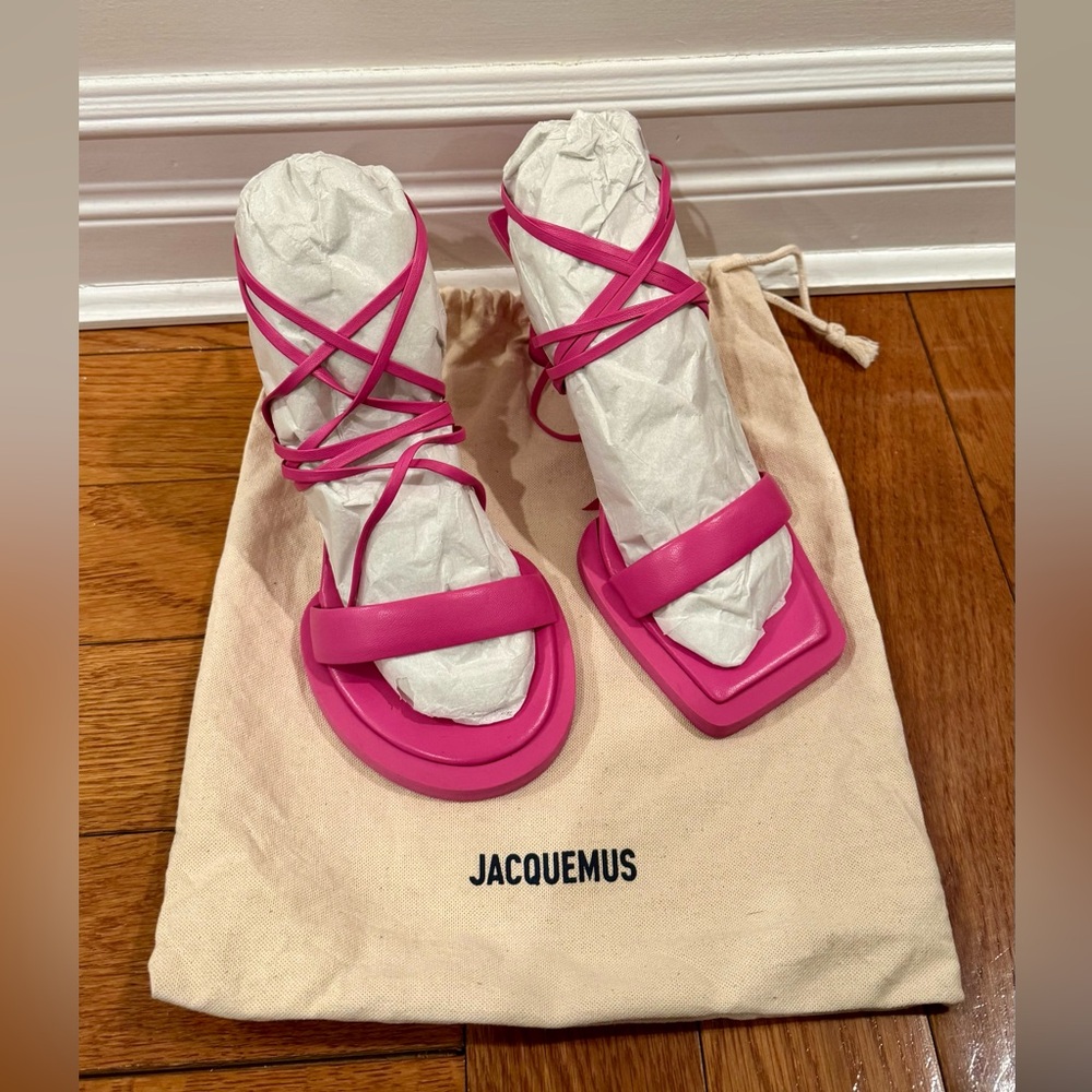 JACQUEMUS Les Carre Rond Asymmetric Lace-up Leather Sandals Pink Size 38 - Picture 5 of 6